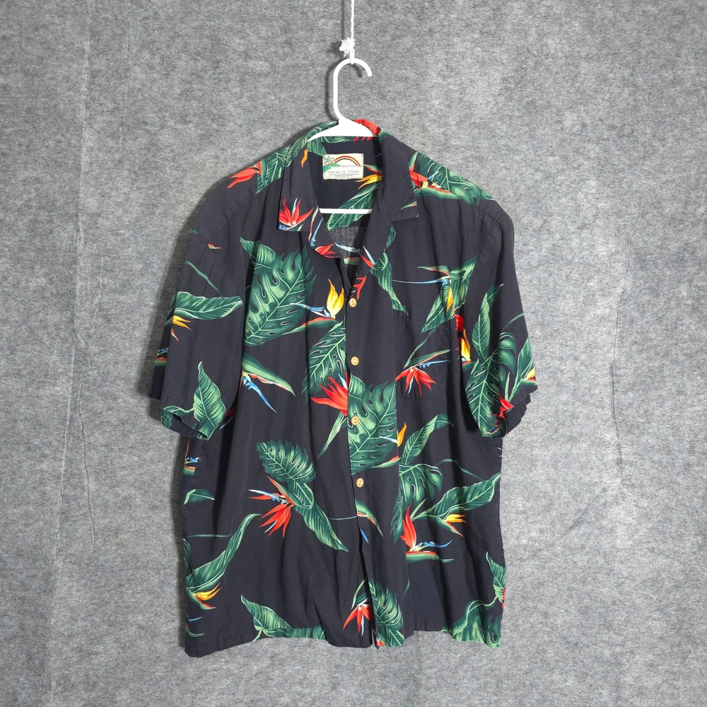 Paradise Found Hawaiian Shirt Mens‎ XL Black Bird of Paradise Aloha Camp Rayon